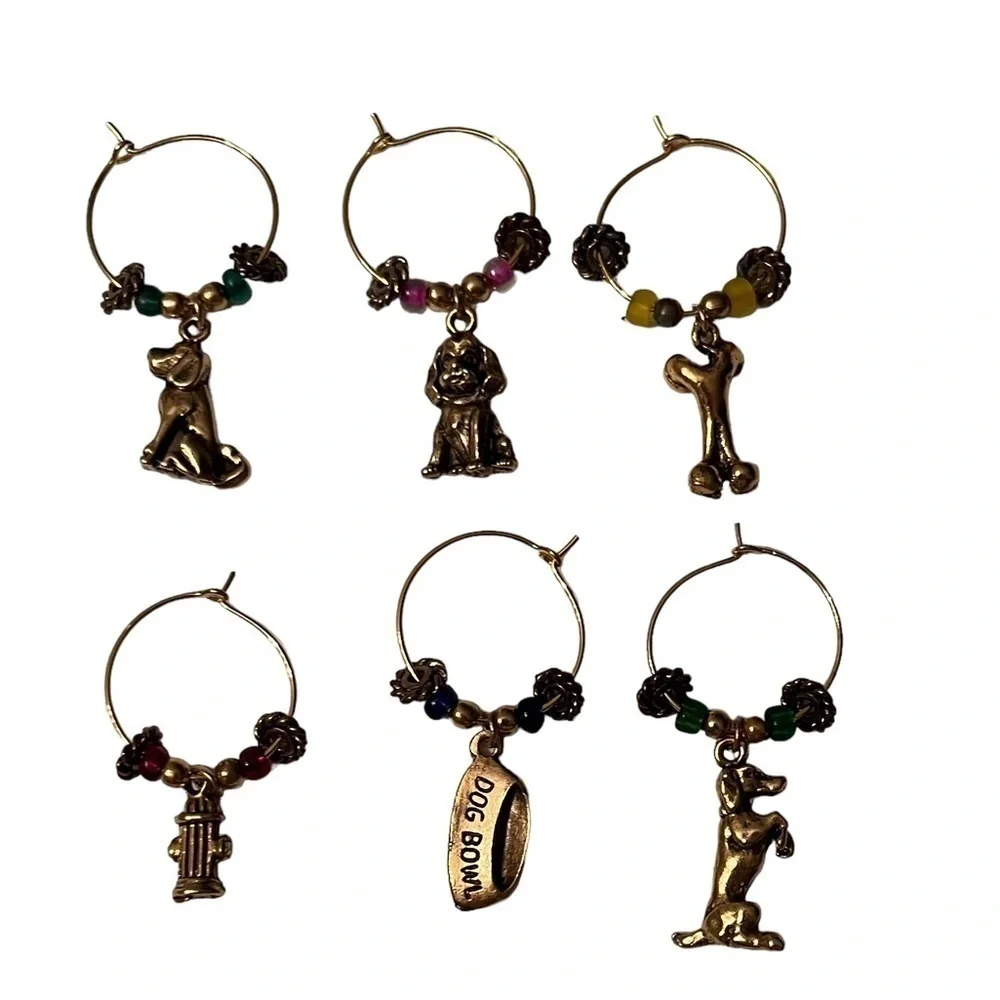 Dog Lovers Wine Glass Charms Set of 6 | Cute Pup Themed Drink Markers